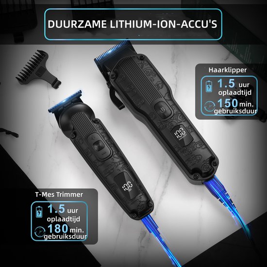 Twee zwarte Scttomon tondeuses en trimmers met verlichte displays, opgeladen met blauwe USB-kabels. Info over batterijduur.