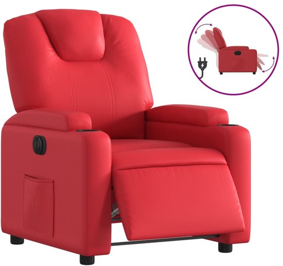 Rode verstelbare fauteuil, deels uitgeklapt. Met bekerhouders en zijvak.
