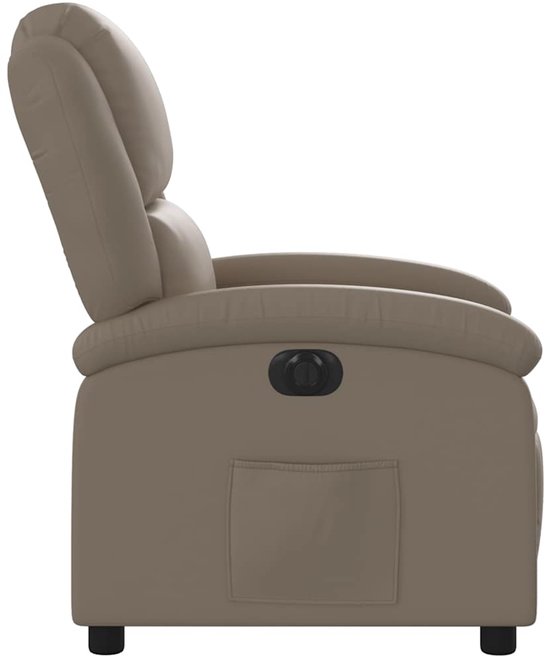 Cappuccinokleurige verstelbare fauteuil van kunstleer, zijaanzicht met open vak.