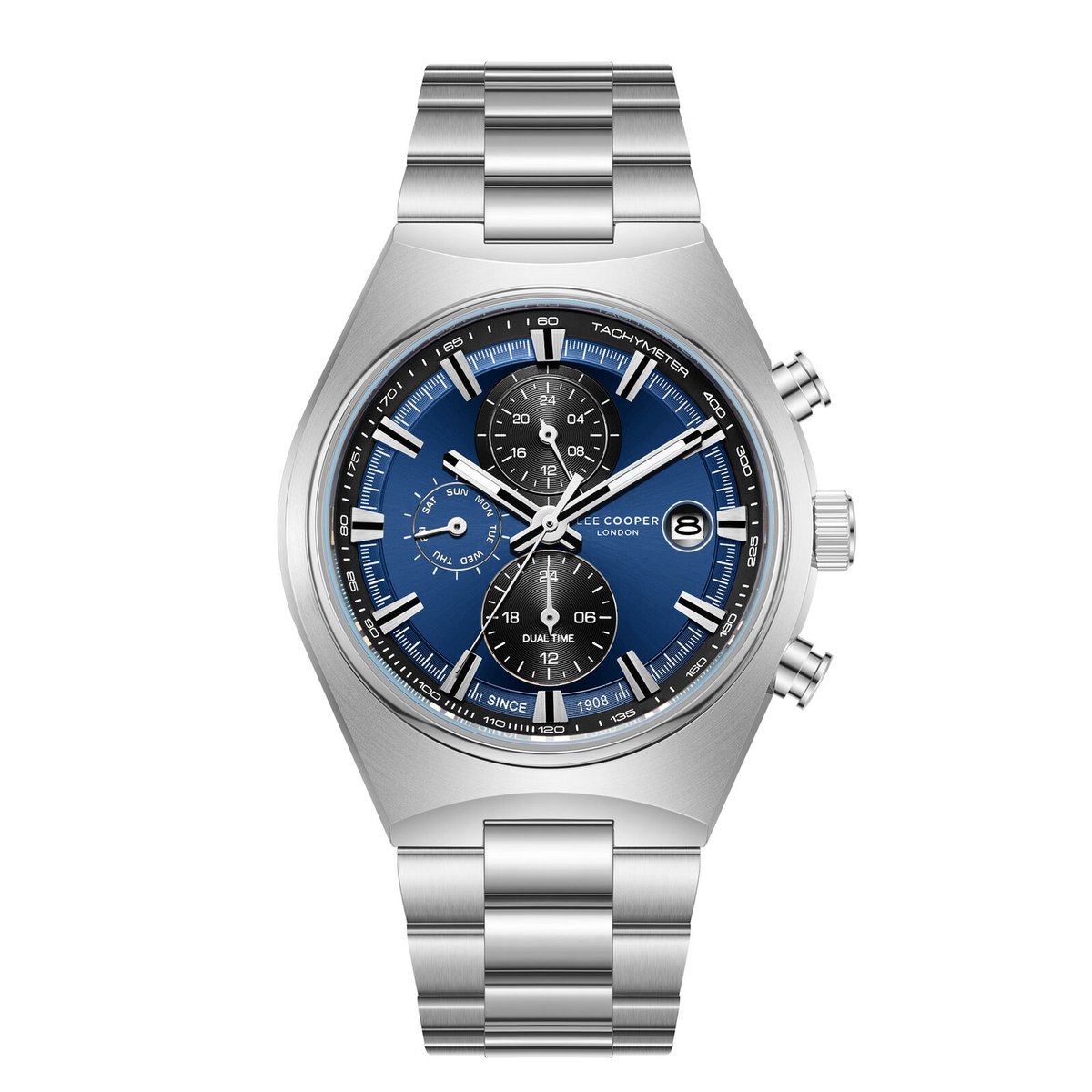 Lee Cooper LC08214.390 - Horloge - Polshorloge - Analoog - Heren - Mannen - Stalen band - Metaal - Rond - Strepen - Cijfers - Datumaanduiding - Dagaanduiding - Dual time - 12-24- Chronograaf - Zilverkleurig - Donkerblauw - Wit - Zwart