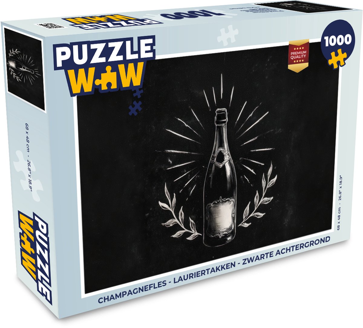 Puzzel Champagnefles - Lauriertakken - Zwarte achtergrond - Legpuzzel - Puzzel 1000 stukjes volwassenen