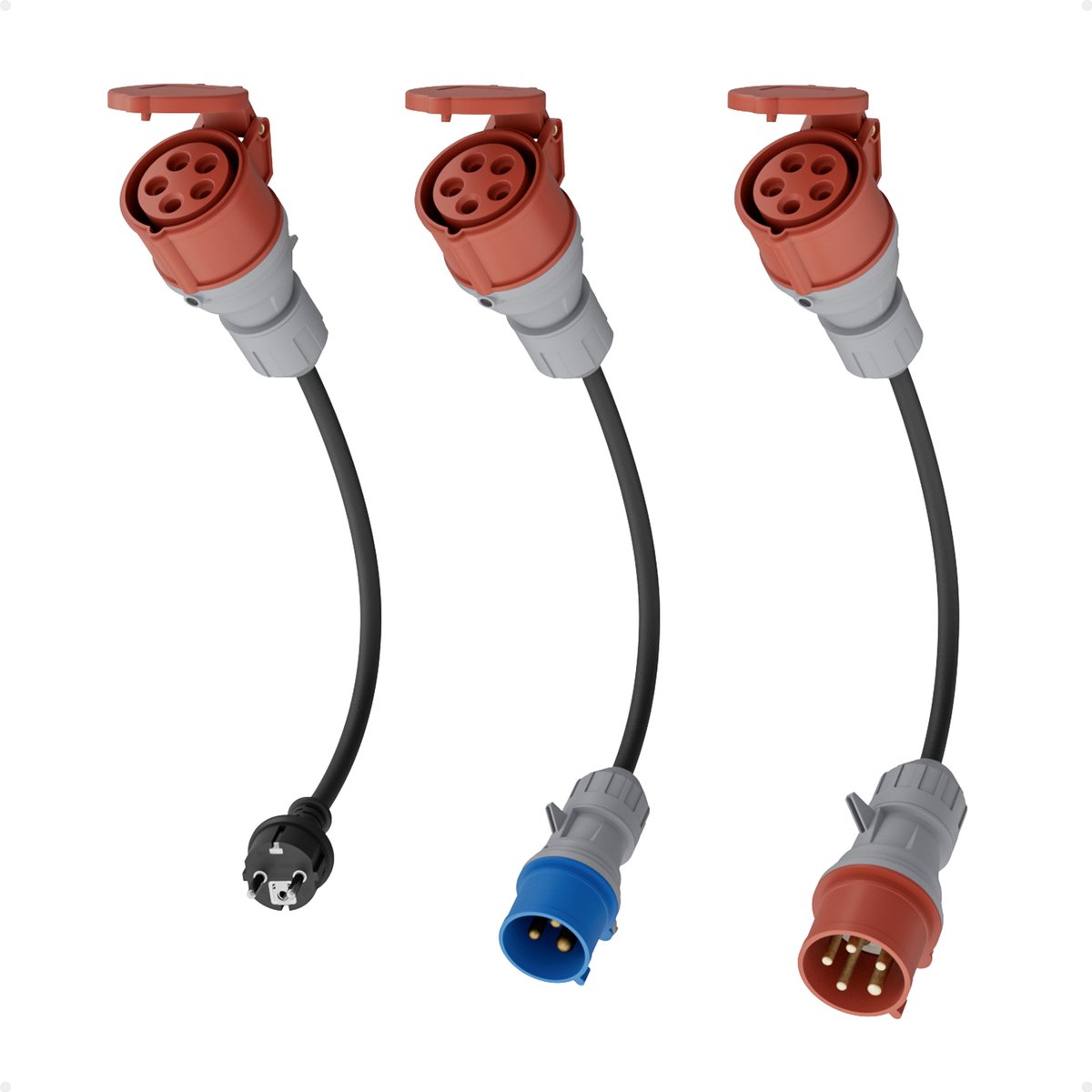 dé CEE Adapterset - Schuko naar CEE 3-fase 16A-adapter - CEE 1-fase 16A naar CEE 3-fase 16A-adapter - CEE 3-fase 32A naar CEE 3-fase 16A-adapter - IP44-gecertificeerd - 16A 5-polig voor 11kW Mobiele Wallbox