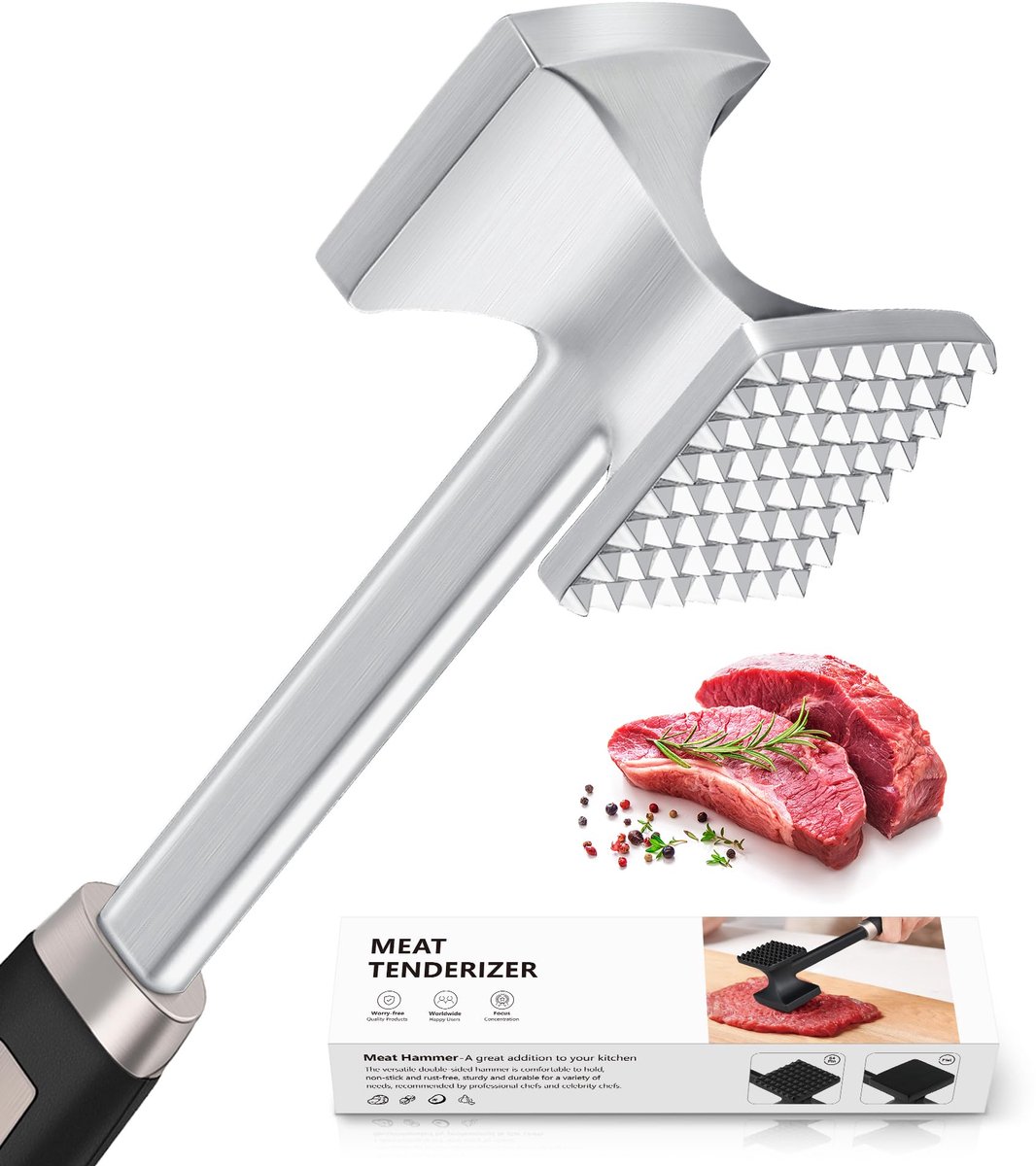 Meat hammer, double-sided non-stick coating, meat hammer with non-slip handle, silver