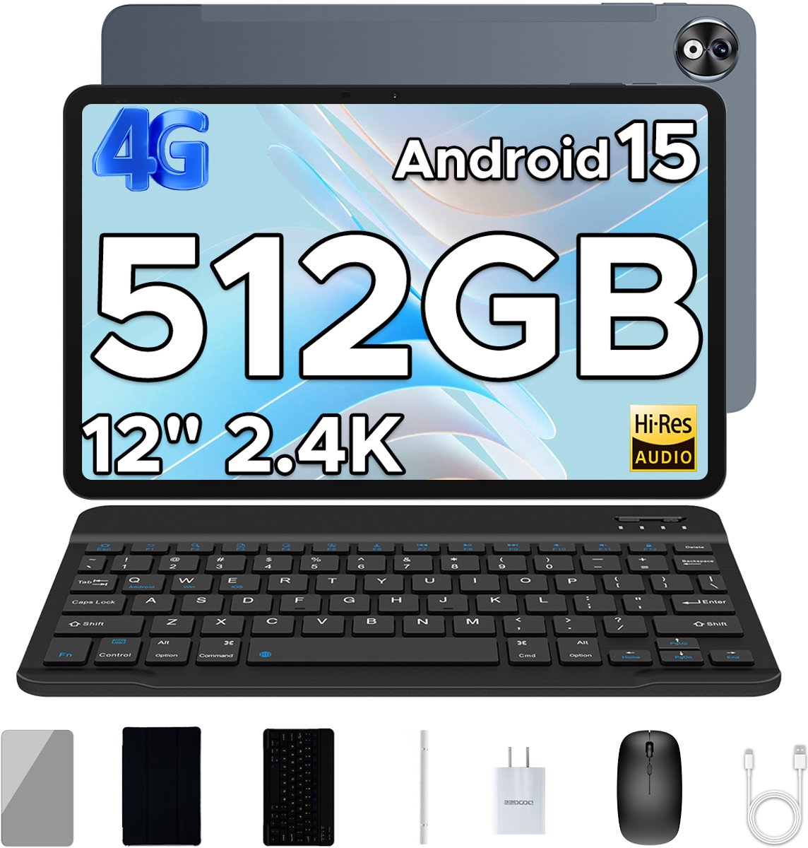Doogee T40 Tablete Avec Clavier 8GB RAM+512GB ROM (TF 2TB) Helio G99 Batterij 8580mAh 11 "2.5K Android 15 Face ID Dual 4G LTE,Grijs