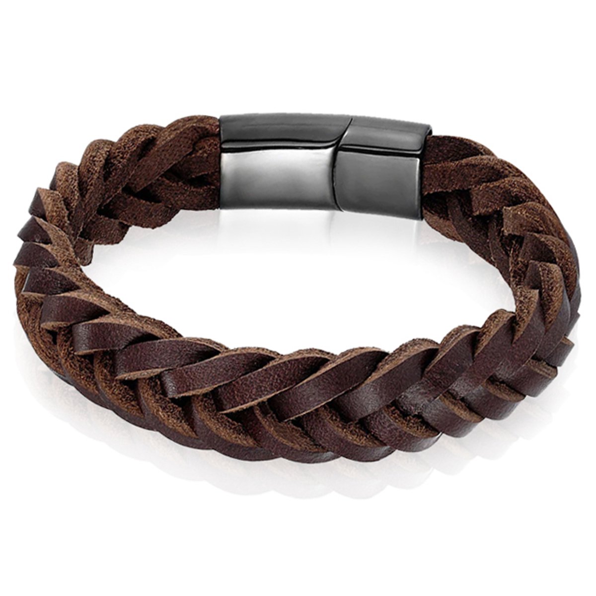 Heren armband LGT Jewels Gevlochten Leer Edelstaal Bruin Zwart-21cm
