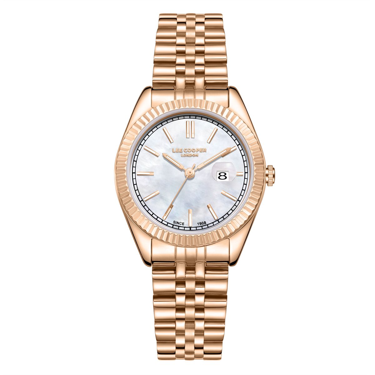 Lee Cooper LC08210.460 - Horloge - Polshorloge - Analoog - Dames - Vrouwen - Stalen band - Metaal - Rond - Strepen - Datumaanduiding - Rosékleurig - Wit - Zwart