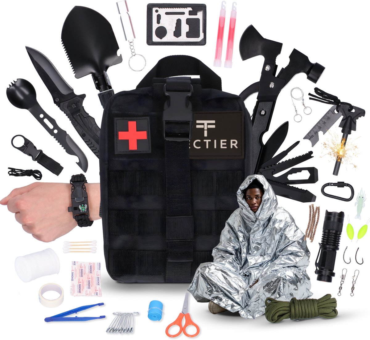 Cover van Noodpakket - 142 delige Survival kit - Overlevingspakket - Survivalsets - Noodpakket voor thuis overheid - Noodpakket oorlog - Noodrantsoen - Incl. vuurstarter - survivalmes - Nooddeken en Paracord - Rampenrugzak