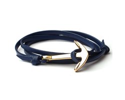 Anker armband leren koord blauw met Goudkleurig