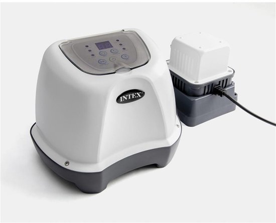 Wit Intex zoutwatersysteem met een grijze basis, naast een extra witte module.
