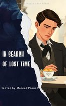 Boekcover: 'In Search of Lost Time' door Marcel Proust, met een illustratie van een jongeman in pak die uitkijkt bij een kopje koffie.