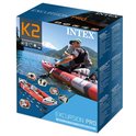 Verpakking van rode Intex Excursion Pro K2 kajak met afbeeldingen van gebruik.