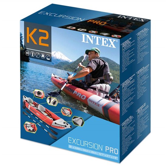 Verpakking van rode Intex Excursion Pro K2 kajak met afbeeldingen van gebruik.