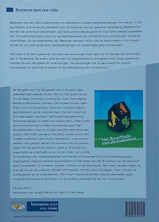 Binnenkant van een boek met de titel 'Besturen met een visie' en een illustratie van een sportteam.
