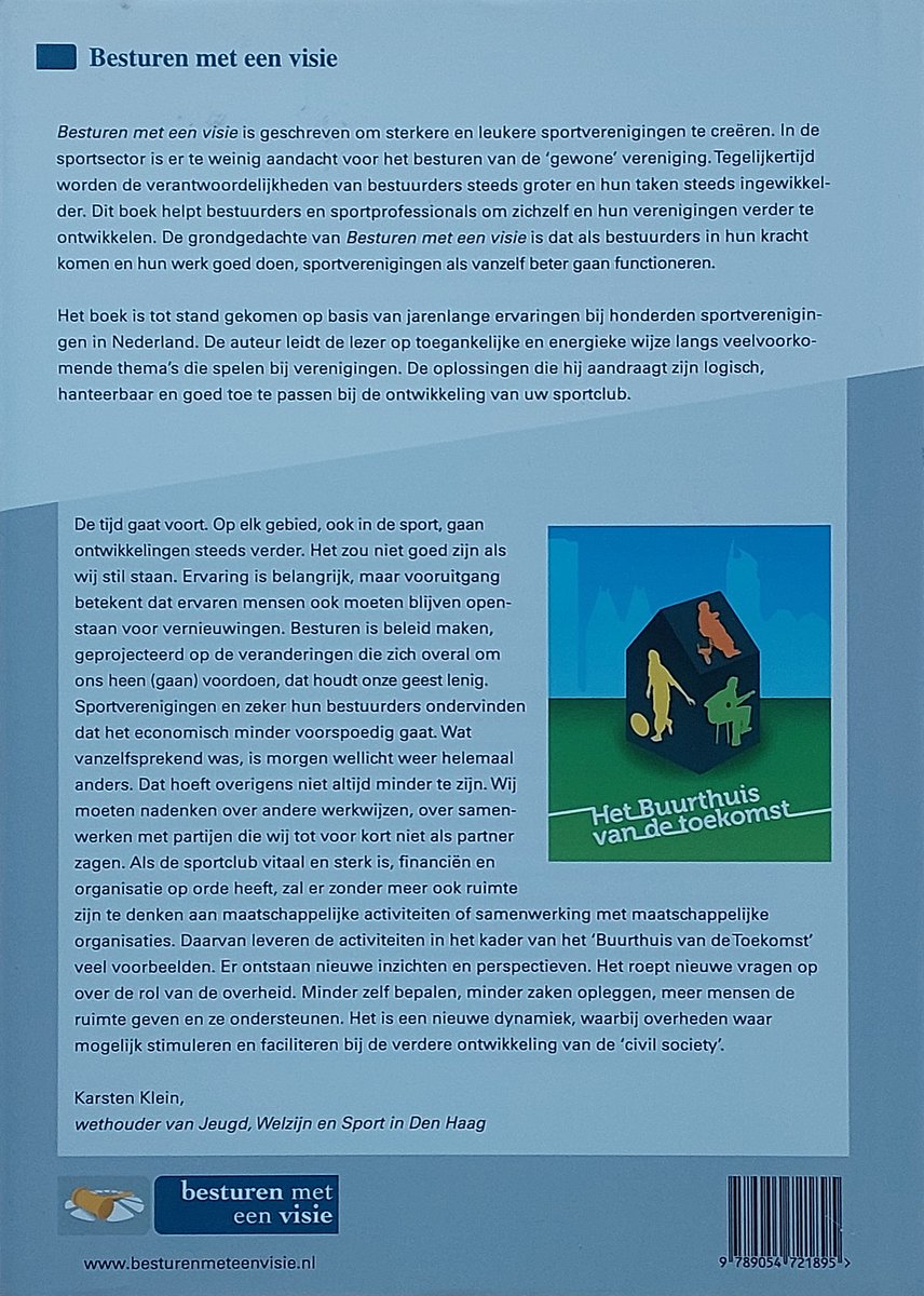 Binnenkant van een boek met de titel 'Besturen met een visie' en een illustratie van een sportteam.