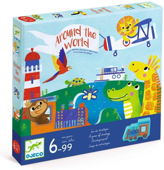 Doos van het Djeco spel 'Around the World' met een vliegtuig, leeuw, papegaai, vuurtoren, trein en krokodil.