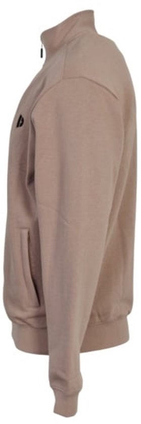 Zijaanzicht van een taupekleurige sweater met opstaande kraag en ritssluiting.