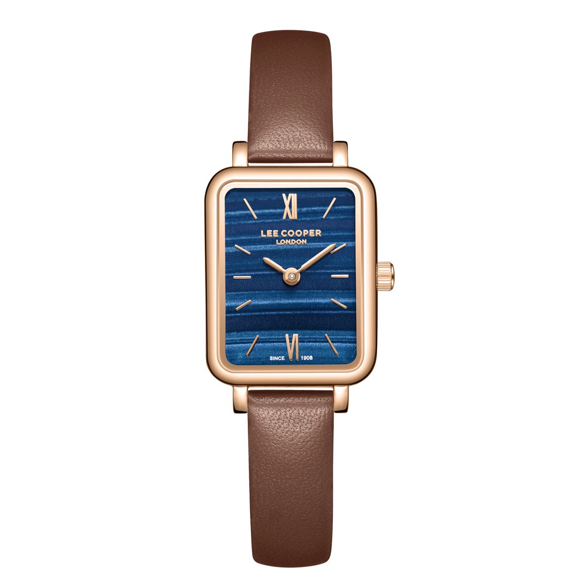 Lee Cooper LC08208.494 - Horloge - Polshorloge - Analoog - Dames - Vrouwen - Leren band - Metaal - Vierkant - Romeinse cijfers - Rosékleurig - Bruin - Donkerblauw - Lichtblauw
