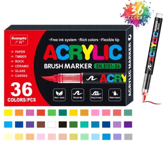 36 marqueurs acryliques à pointe pinceau pour Peinture sur pierre Happy Stones - Marqueurs Acryl, marqueurs de peinture - Marker Acryl , Marqueurs de peinture Adultes , Marqueurs de Peinture - Marqueurs acryliques, marqueurs de dessin