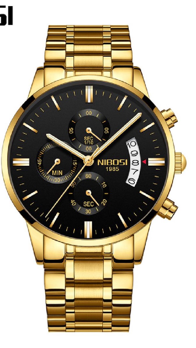 NIBOSI Horloges voor mannen - Horloge mannen - Luxe Goudkleurig Design - Heren horloge - Ø 42 mm - Goudkleurig - Roestvrij Staal - Waterdicht tot 3 bar - Chronograaf - Geschenkset met verstelbare pin