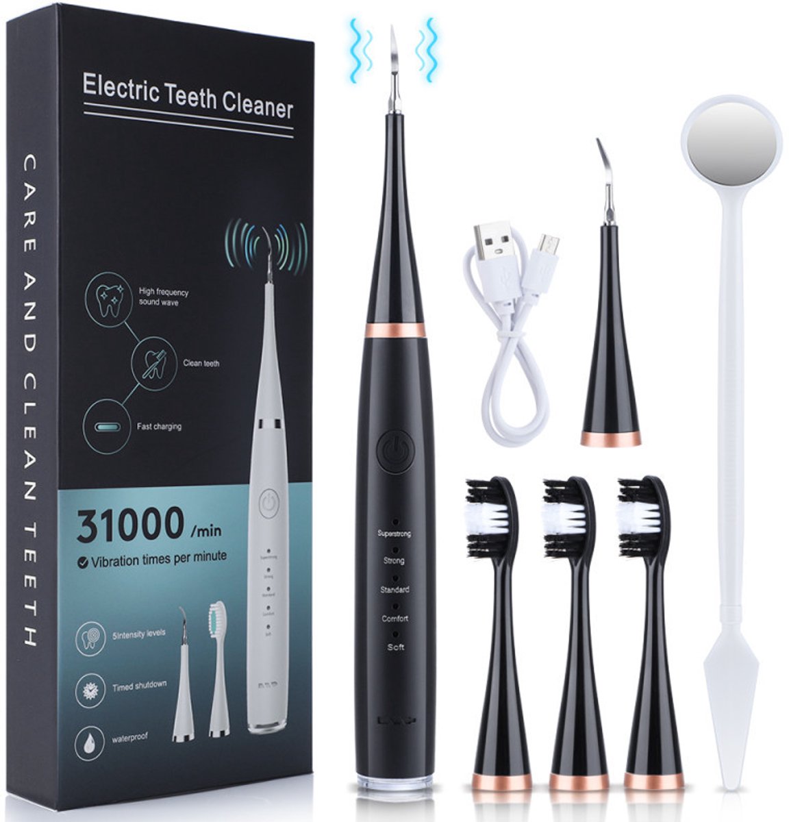 Elektrische tandenborstelset (6-delig) - 6-in-1 tandenborstel - Tandsteenverwijderaar, scrubber en whitening-apparaat - Zwart