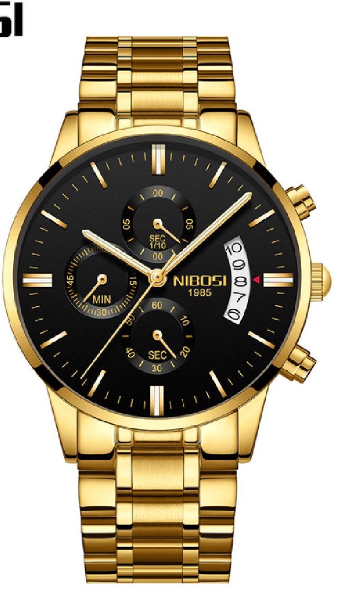 Horloges voor mannen - Horloge mannen - Luxe Goudkleurig Design - Heren horloge - Ø 42 mm - Goudkleurig - Roestvrij Staal - Waterdicht tot 3 bar - Chronograaf - Geschenkset met verstelbare pin