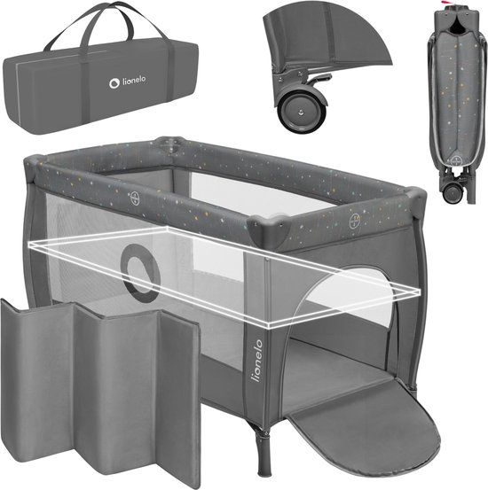 Campingbedje 4 in 1 – Baby Bed / Inklapbare Box / Reisbedje MET Bodemverhoger (Rugvriendelijk Ontwerp) – MET comfort MATRAS – 60x120 cm – 0-36 maanden / tot 15 kg – Zij-ingang – Wielen – Transporttas – Babybed Babybox Ledikant – LIONELO STEFI PLUS