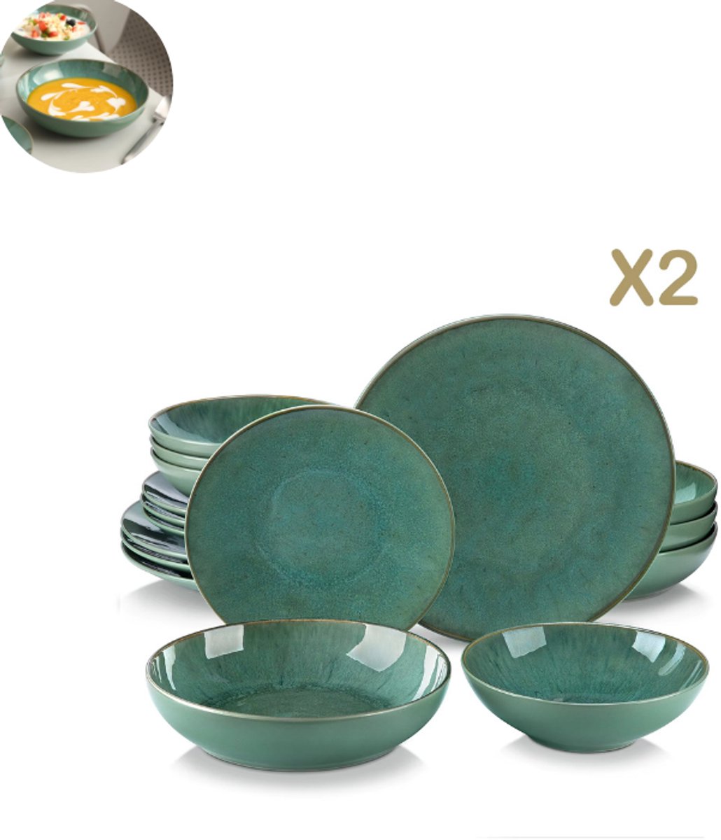 Luxe Serviesset – 32 delig – 8 persoons – Aardewerk - Bordenset – Dinner platen – Dessertborden - Pastabord - Kommen - Groen