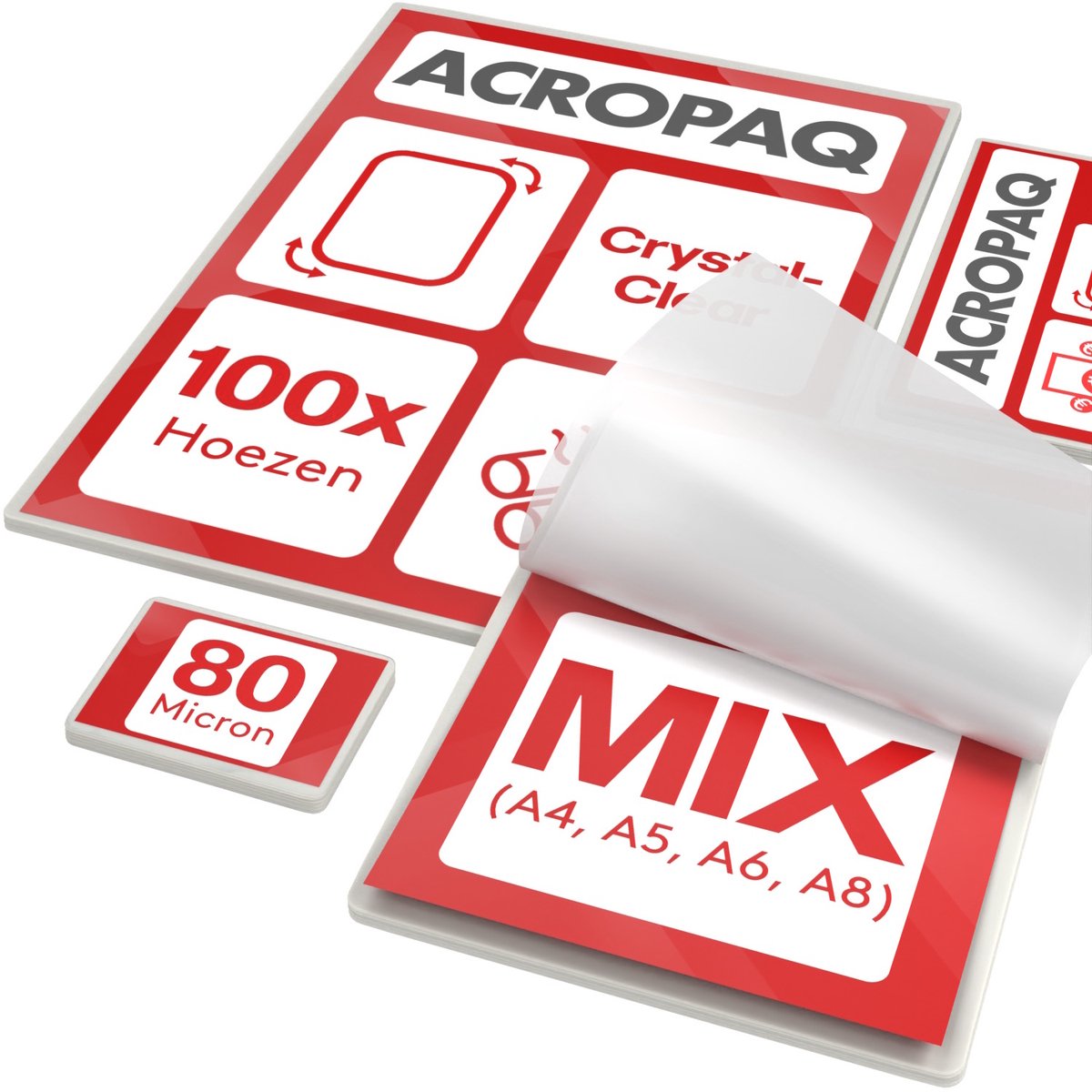 ACROPAQ Lamineerhoezen MIX – 100 stuks (20 x A4, A5, A6), (40 x A8), 80 micron, Glanzend afwerking, Afgeronde hoeken – Lamineerfolie, Lamineerhoes, Lamineervellen