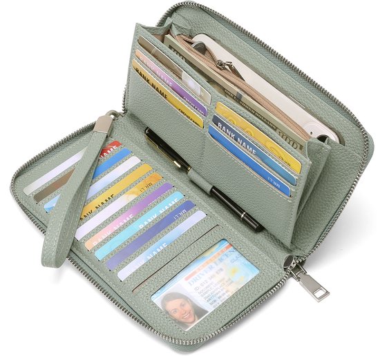 Portefeuille en PU antivol pour femme, porte-monnaie de grande capacité, style long, pince à billets multi-cartes, vert-gris