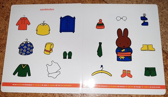 Miffy kleedt zich aan met kleding zoals jurken, jasjes, schoenen en een das.