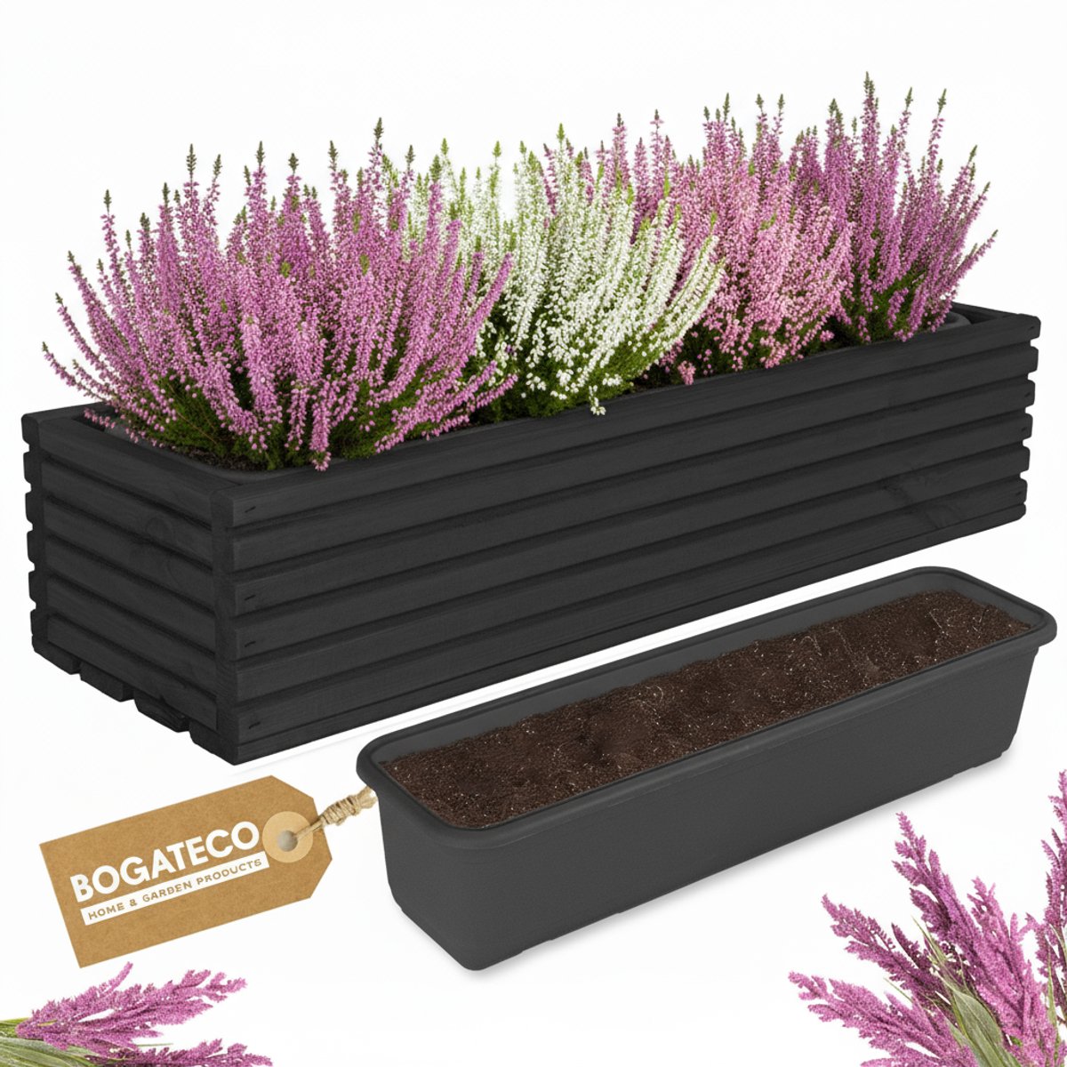Houten bloembak | Plantenbak | Bloempot 64 x 20 x 14,5 cm | Kruidenpot | Bloempot met kunststof inzetstuk | Waterdicht | Zwart