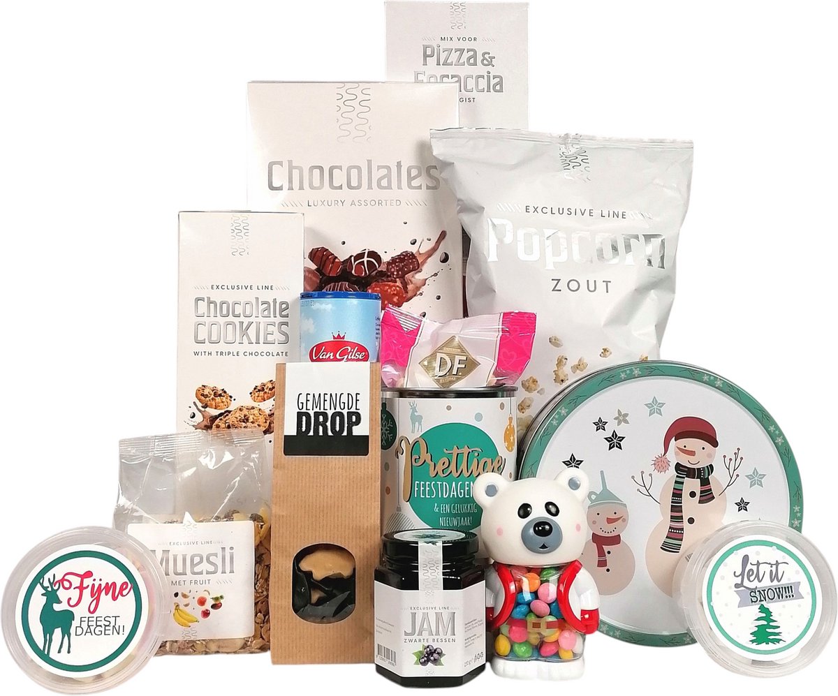 Kerstpakket Witte Kerst - foodpakket met ontbijt en snacks - 13-Delig Eindejaarscadeau