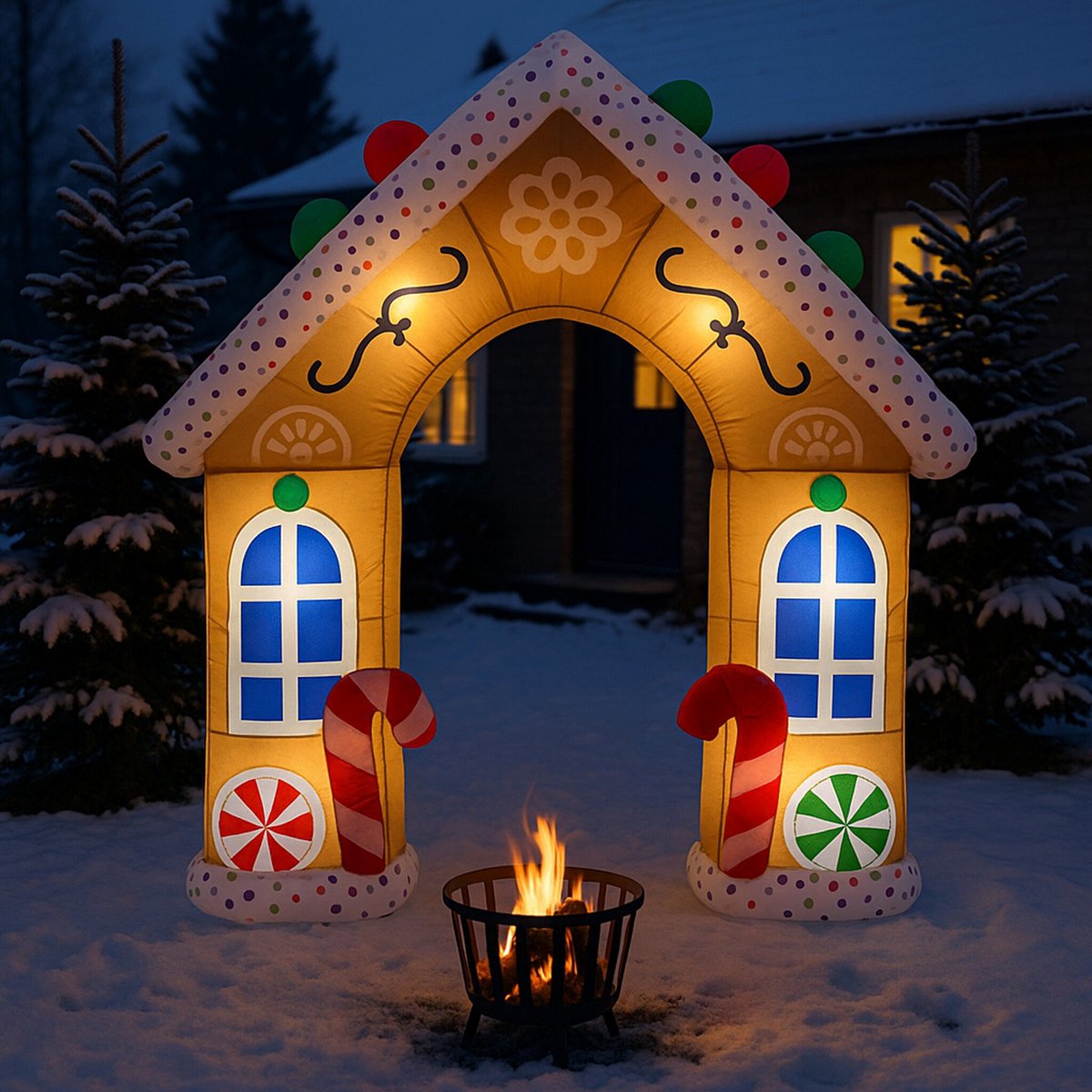 HEM Opblaasbaar Peperkoekhuis 290x70x270 cm – Met LED Verlichting & Blower – Grote Outdoor Kerstdecoratie – Inclusief Opbergzak, Haringen & Scheerlijnen