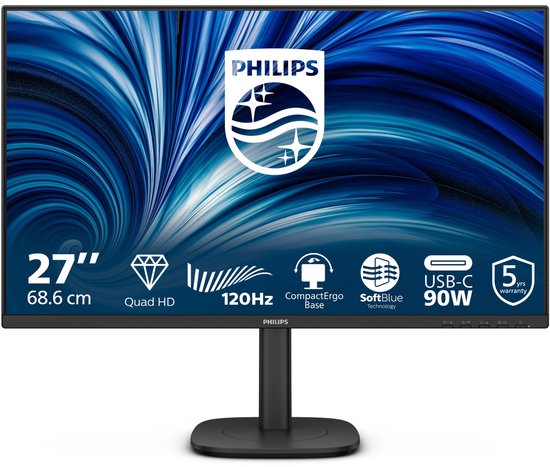 27" 68,6 cm Quad HD monitor met blauwe, abstracte achtergrond en Philips logo. Met 120Hz, USB-C 90W.