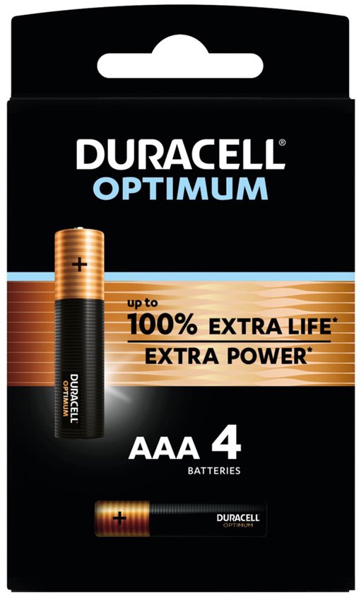 Duracell Optimum AAA-batterijen (4 stuks). Zwarte batterijen met gouden banden. 'Tot 100% extra levensduur of extra kracht'.
