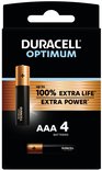 Duracell Optimum AAA-batterijen (4 stuks). Zwarte batterijen met gouden banden. 'Tot 100% extra levensduur of extra kracht'.