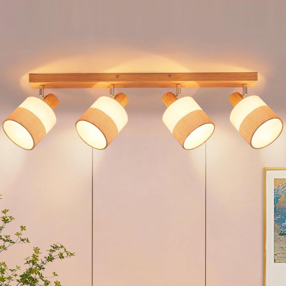 Glitzerlife Vintage Houten Plafondspot - Plafondlamp - 4-lichts E14 Fitting, Exclusief lichtbron, Max. 25W - 350° Draaibaar, Houten Frame met Stoffen Kappen - Vintage Retro Design, voor Hal, Keuken, Woonkamer, Slaapkamer