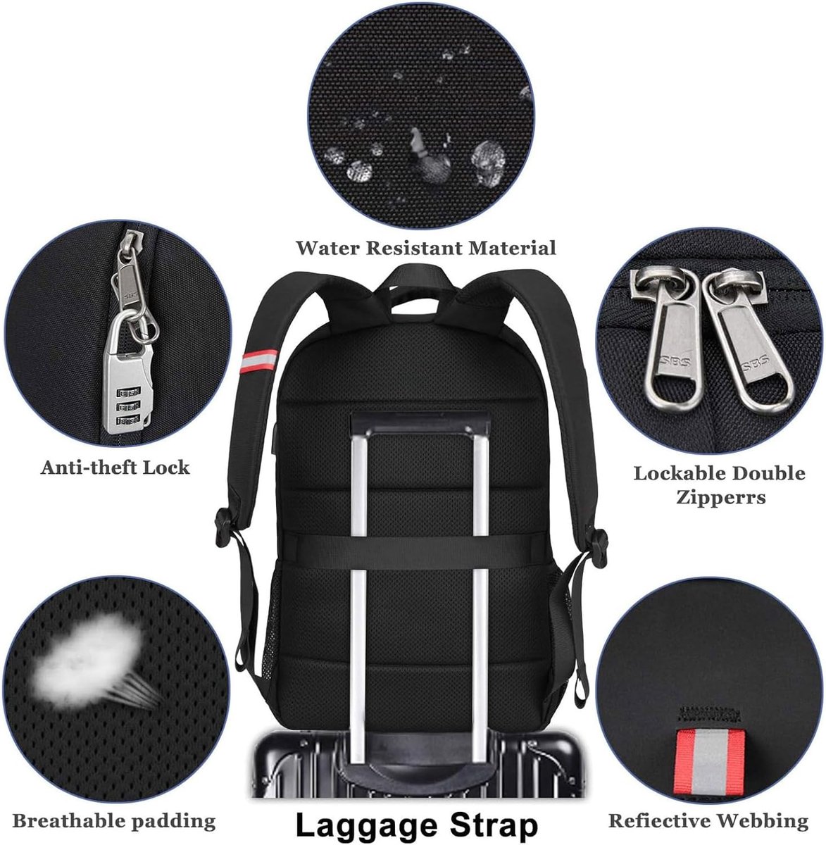 Lichtgewicht Laptoprugzak voor School en Reizen - Waterdichte Backpack met USB Oplaadpoort - 15.6 Inch Laptopvak Zwart – foto 2
