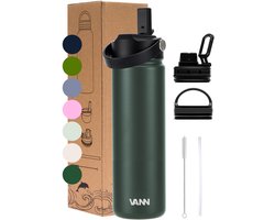 VANN® 3-Wandige RVS Drinkfles 650 ML met rietje voor volwassenen – Met 5 accessoires – Thermosfles – 24 uur koud/12 uur warm – Dark Forest – VANN Ultimate Bottle®