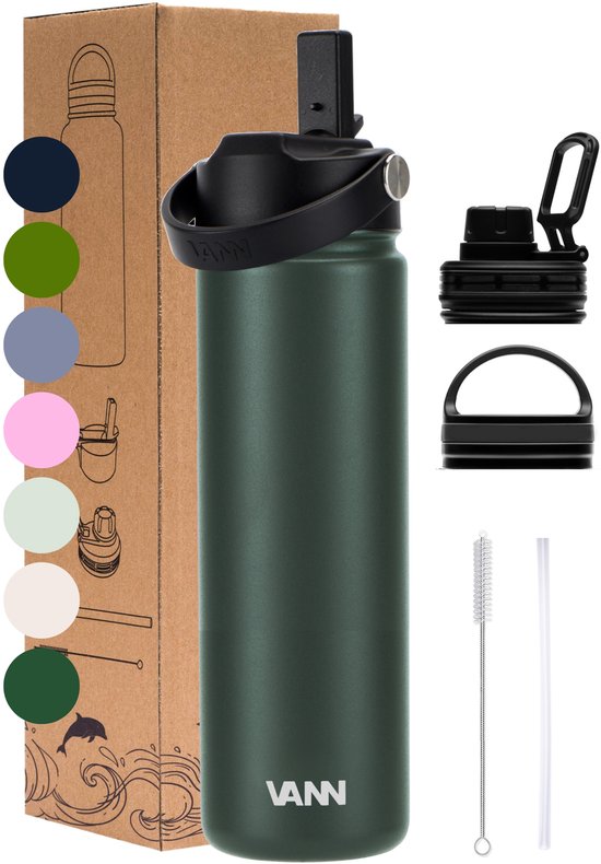 VANN® 3-Wandige RVS Drinkfles 650 ML met rietje voor volwassenen – Met 5 accessoires – bidon – 24 uur koud/12 uur warm – Deep Forest – VANN ULTIMATE BOTTLE®