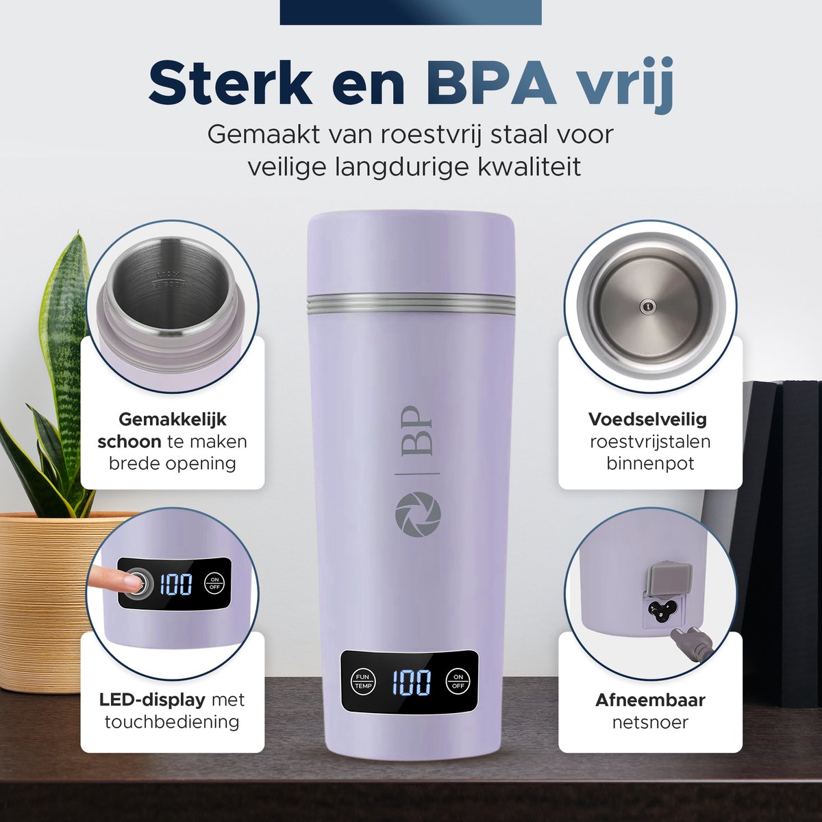 BP® Draagbare Waterkoker - Mini Waterkoker - Kleine Waterkoker - Reis Waterkoker - Camping Waterkoker - Met Temperatuurregeling - Roestvrij Staal - Paars – foto 2