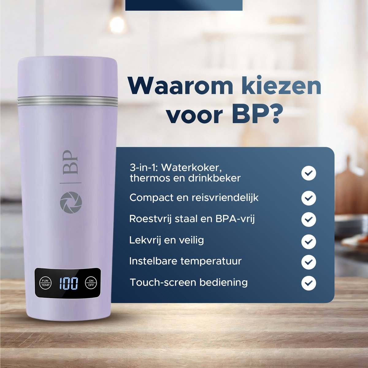 BP® Draagbare Waterkoker - Mini Waterkoker - Kleine Waterkoker - Reis Waterkoker - Camping Waterkoker - Met Temperatuurregeling - Roestvrij Staal - Paars – foto 8