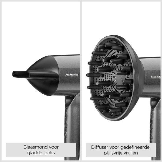 Links een BaByliss föhn met concentrator mondstuk, rechts met diffuser.
