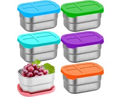RVS Snackboxen Set 6 Stuks - Lekdichte Voedselbewaar Bakjes 240 ml - Siliconen Deksels voor School en Kinderopvang - Herbruikbare Maaltijdbox voor Thuis en Keuken