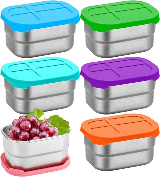 Set de 6 boîtes à goûter en acier inoxydable - Boîtes de conservation étanches 240 ml - Couvercles en Siliconen pour École et la garderie - Boîtes à repas réutilisables pour la maison et la Cuisine