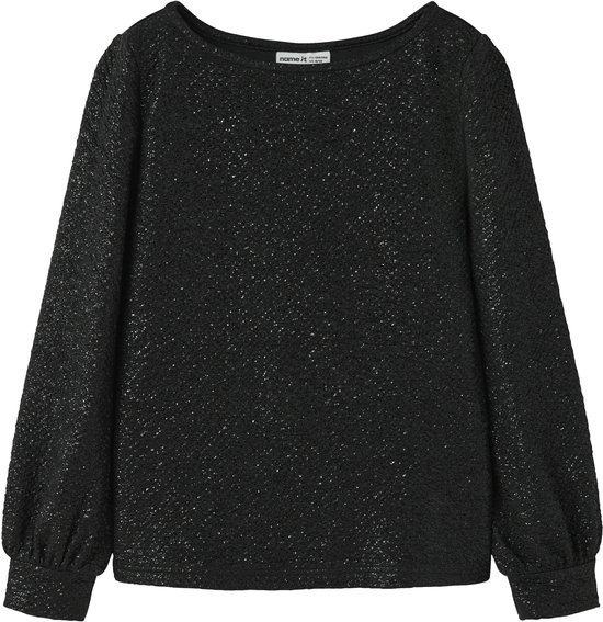 Zwarte top met lange mouwen en glitters, ronde hals en aangesloten boorden bij de polsen, merklabel Name It.