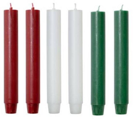 Cactula | Luxe Gekleurde Dikke Dinerkaarsen | 18 x 2.6 cm | in Kerst kleuren | 6 stuks | 14 branduren | Groen / Wit / Rood