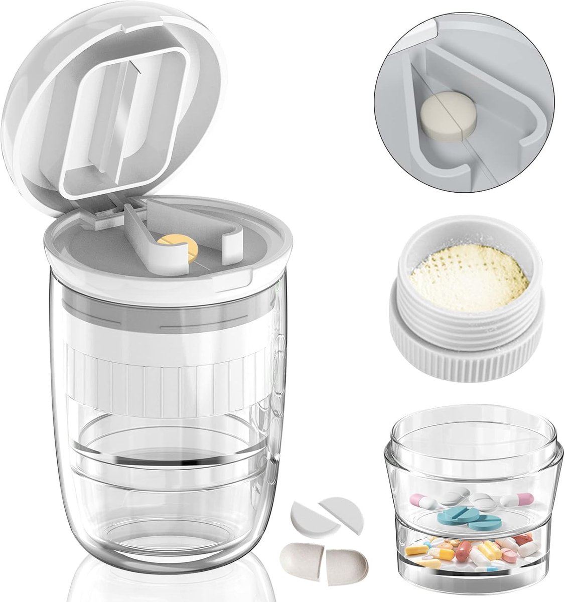 ComfiCare® Pillensnijder Deluxe - 4 in 1 Pillensnijder, Pillenvergruizer, Pillen bewaardoos en Drinkbeker - Pillensnijder voor kleine en grote pillen - Verpulvert pillen, vitaminen, tabletten - Scherp RVS mes - Wit