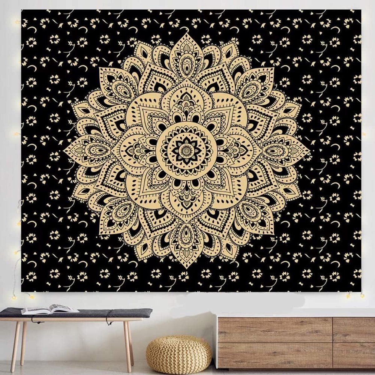 Cyslmuk Wandkleed- Groot wandtapijt - Poster-Wandtapijt- Tapijt muur hangende -Mandala gooien hippie Ombre Boheemse gouden sprei, (Queen Size, 180*230cm), Zwart Goud Bloem
