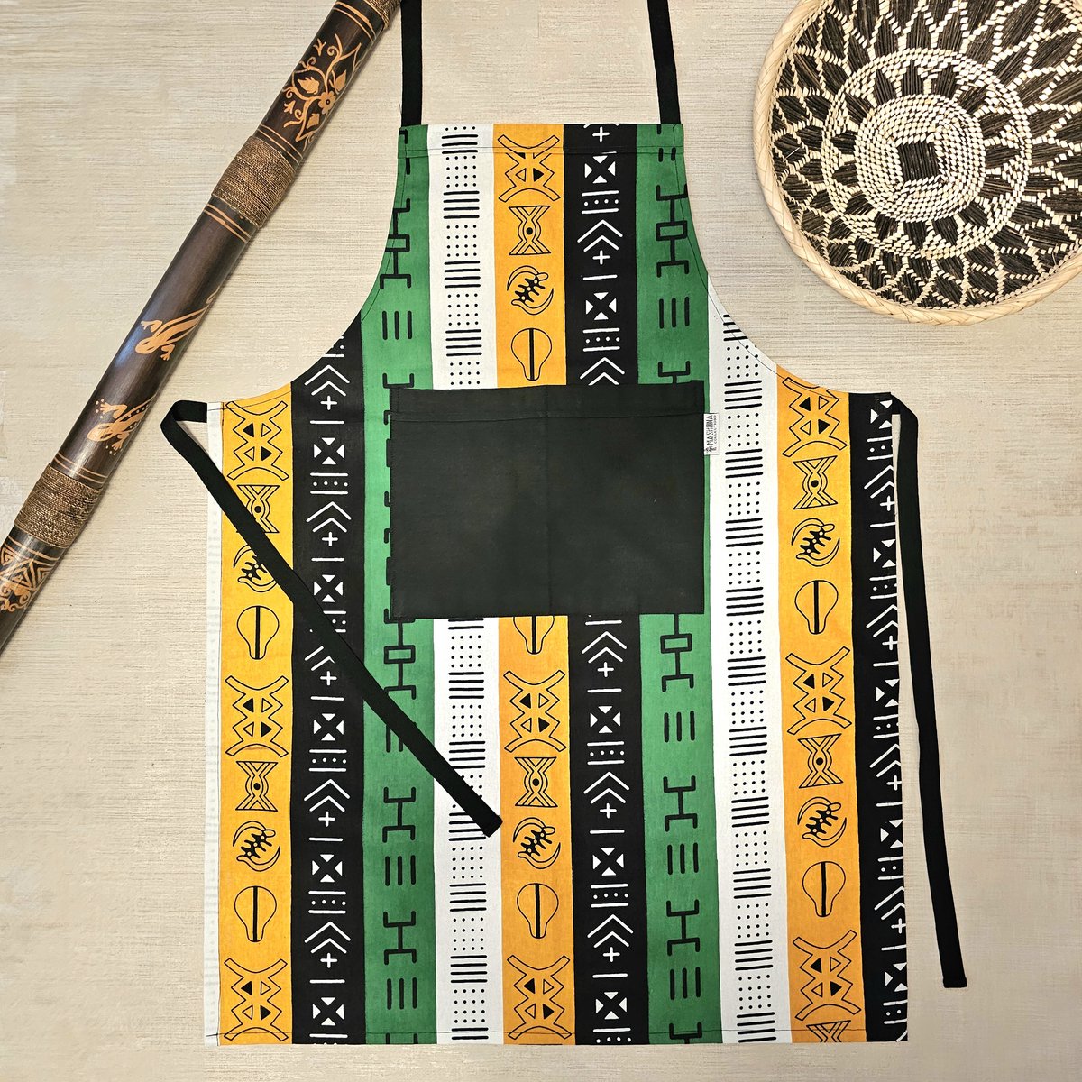 Afrikaanse print schort met jute zak detail gemaakt van 100% Bogolan Mudcloth geïnspireerde stof